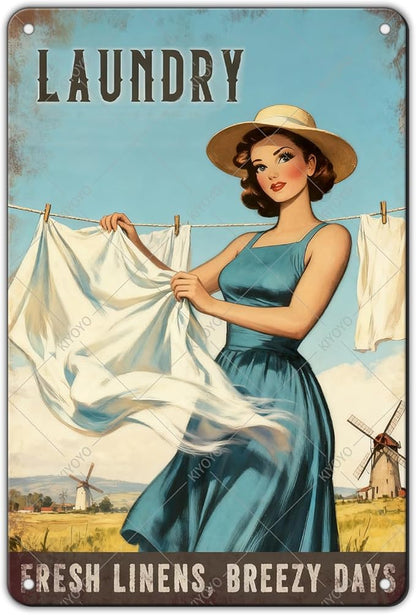 Laundry Vintage Tin Sign Funny Sarcastic Fresh Linens Breezy Days Retro Housewife Design Vintage 1950s Mom 12x8 Inch