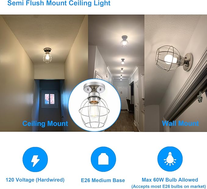 Farmhouse Ceiling Light Fixture, Vintage Semi Flush Mount Ceiling Light, Small Metal Cage Lighting Lamp for Hallway Entryway Kitchen Porch, Nickel Finish, 2-Pack