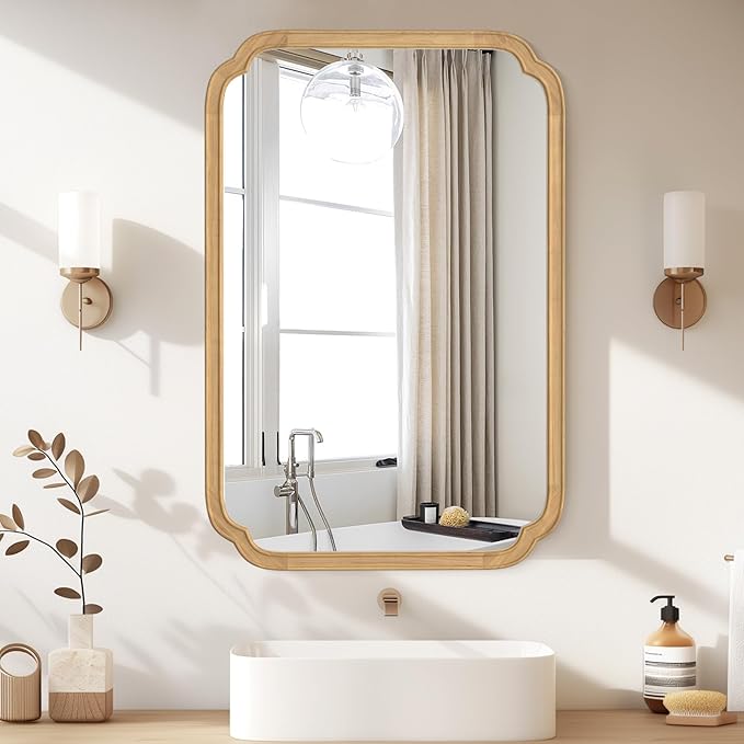 HOMECOOKIN Wood Bathroom Mirror for Wall Decor Arched Rounded Corner Rustic Wood Frame Wall Mirror Home Decorative for Vanity, Living Room, Bedroom, Entryway (24 x 36 inch, Natural)