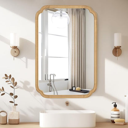 HOMECOOKIN Wood Bathroom Mirror for Wall Decor Arched Rounded Corner Rustic Wood Frame Wall Mirror Home Decorative for Vanity, Living Room, Bedroom, Entryway (24 x 36 inch, Natural)