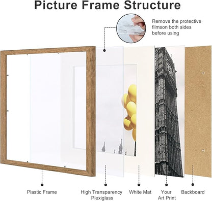 8x8 Picture Frame Set of 9, Display Pictures 4x4 with Mat or 8x8 without Mat, Multi Collage Gallery Square Photo Frames for Wall or Tabletop,Light Brown