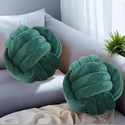 2 Pcs Knot Pillow Ball, Dark Green Knotted Pillow Plush Ball Pillows, 11" Decorative Throw Pillows for Sofa Couch Aesthetic Home Decor