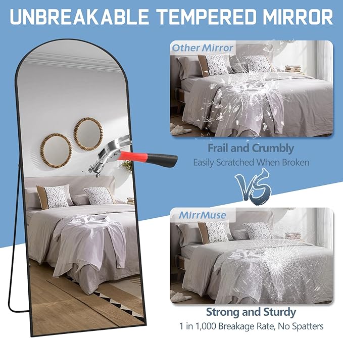 56"X18" Arched Full Length Mirror, Black Floor Mirror with Stand Hanging or Leaning Against Wall, Tempered Glass Full Body Mirror for Bedroom Living Room, Aluminum Alloy Frame