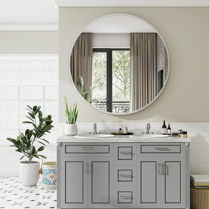 VooBang Black Round Bathroom Mirror, 42 inch Large Circle Wall Mounted Hanging Mirror with Simple Modern Circular Metal Frame for Hallway, Entryway, Living Room, Silver Frame