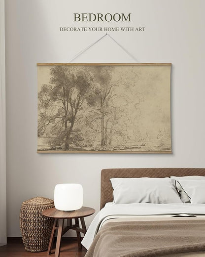 ARPEOTCY Extra Large Vintage Framed Wall Art, 36x54 Inch Two Sketch Trees Landscape Hanging Canvas Prints, Scroll Wall Art Decor for Living Room Bedroom, Retro Scenery Pictures Above of Bed