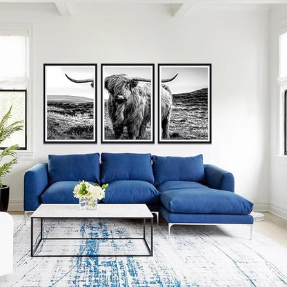 Vintage Scottish Cow Canvas Wall Art Rustic Art Highland Cow Poster Wall Decor Black and White Farm Animal Cow Artwork for Apartment Living Room Bedroom Country Decoration 24x36inchx3pcs