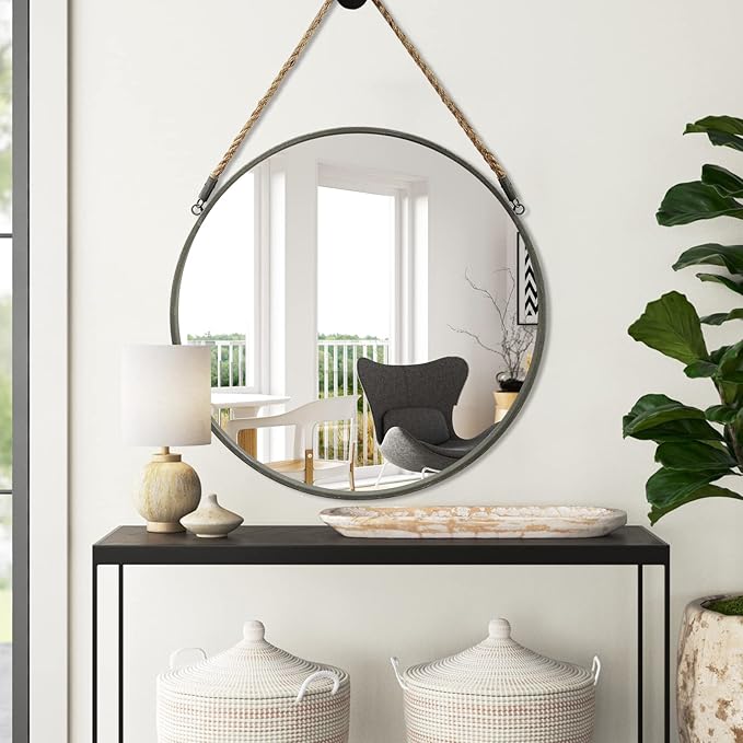 POZINO Round Rope Mirror, 30 Inch Large Circle Farmhouse Mirror, Hanging Mirror for Bathroom Bedroom Living Room Bathroom Entryway Fireplace, Grey