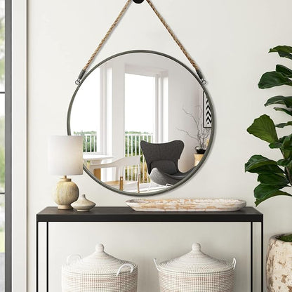 POZINO Round Rope Mirror, 30 Inch Large Circle Farmhouse Mirror, Hanging Mirror for Bathroom Bedroom Living Room Bathroom Entryway Fireplace, Grey