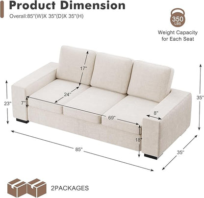 ELUCHANG 85" Modern Couches for Living Room, Natural Linen 3 Seat Sofa, Comfy Deep Seat Sofa, Spring Cushions, Removable Cover, Solid Wood Frame, Easy Assembly Loveseat for Small Space, Beige, 2PCS