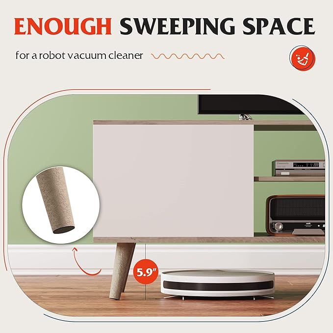 WLIVE Mid-Century Modern TV Stand for 55/60 Inch TV, Entertainment Center with Storage & Adjustable Shelves, Media Console with Soft-Close Cabinets for Living Room/Bedroom, Greige White