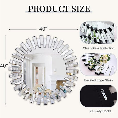 Chende 40'' Large Round Mirror, Modern 3D Decoratiave Wall Mirror with Beveled Glass, Elegant Frameless Circle Mirror for Dining Room, Living Room, Fireplace, Entryway