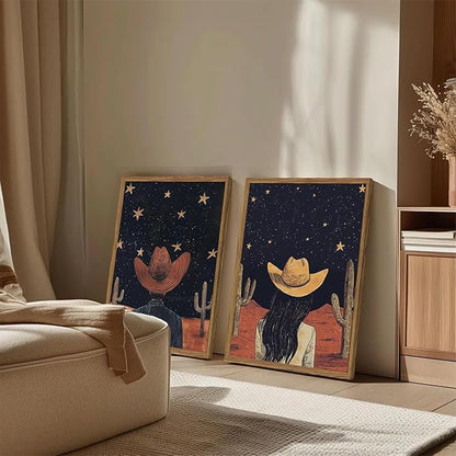 Framed Boho Western Cowboy and Cowgirl Wall Art Set of 2, Vintage Southwestern Desert Starry Sky Cactus Pictures Wall Decor, Rustic Farmhouse Paintings Canvas Prints for Living Room Bedroom 12x16 inch