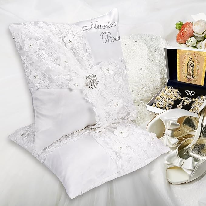 Nuestra Boda Wedding Kneeling Pillows Cover Set of 2, 16 x 16 Inch Embroidered Prayer Pillow for Kneeling, Satin and Lace White/Silver, Decoracion for Bodas