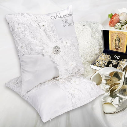 Nuestra Boda Wedding Kneeling Pillows Cover Set of 2, 16 x 16 Inch Embroidered Prayer Pillow for Kneeling, Satin and Lace White/Silver, Decoracion for Bodas