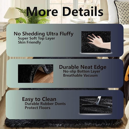 Floralux 5x7 Rug for Bedroom in Black, Ultra-Soft Fluffy Shag Area Rugs for Living Room, Modern Non-Slip Shaggy Floor Carpet for Teens Dorm, Bedside, Playroom, Nursery, Home Decor Aesthetic