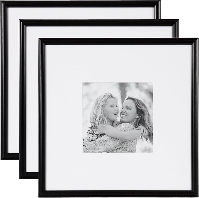 Kate and Laurel Adlynn Square Picture Frame Set of 3; 16 x 16 matted to 8 x 8; Black; Modern Three-Piece Frame Set for Gallery Wall Frame Set in Living Room Wall Decor