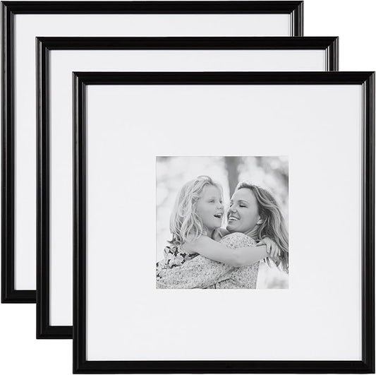 Kate and Laurel Adlynn Square Picture Frame Set of 3; 16 x 16 matted to 8 x 8; Black; Modern Three-Piece Frame Set for Gallery Wall Frame Set in Living Room Wall Decor