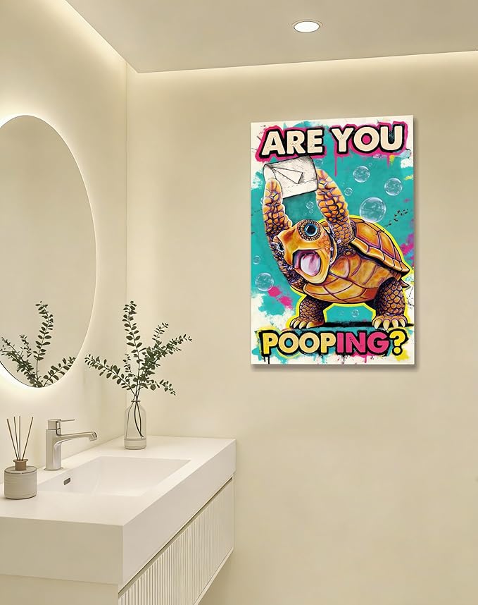 Funny Turtle Bathroom Wall Art Painting, Are You Pooping? Graffiti Humor Canvas Print, Teal Pop Art Bathroom Poster Decor, 16x24 Inch Framed Wall Picture for Bathroom Restroom Toilet Washroom