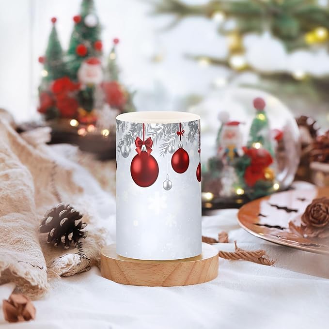 Christmas Lights Decorations Flameless Candles New Year Fir Branches Red Christmas Balls Pillar Candles Set of 2 Battery Operated Remote Control Warm Lights