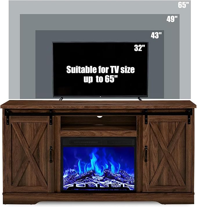 AMERLIFE 59" Fireplace TV Stand for TVs up to 65", Farmhouse Entertainment Center with Sliding Barn Doors, Storage Cabinets and Adjustable Shelves, Dark Walnut