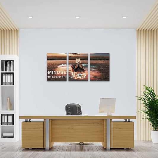 KAWAHONE Motivational Lion King Mindset Wall Art Gold, Success Cat Reflect Lion Mindset is Everything Quotes Poster Positive Affirmation Wall Decor Inspirational Canvas Painting Wall Hanging Picture