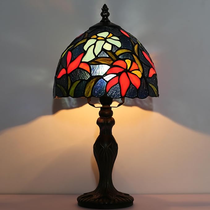 Tiffany Style Lamp Stained Glass Table Lamp 8" x 14.5" Mini Accent Light Irises Design Small Decorative Bedside Memory Lamp