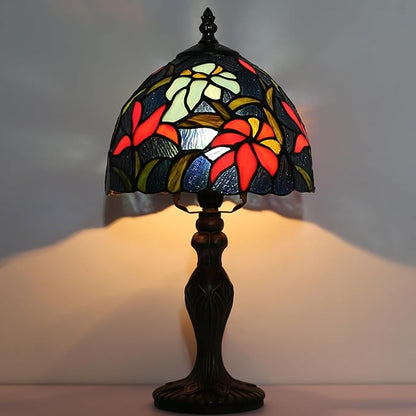 Tiffany Style Lamp Stained Glass Table Lamp 8" x 14.5" Mini Accent Light Irises Design Small Decorative Bedside Memory Lamp