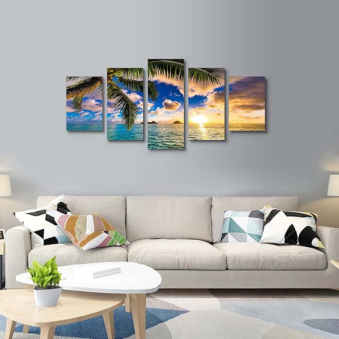 EPHANY Modern 5 Piece Framed Giclee Canvas Prints Art - Blue Beach Landscape Blue Paintings on Canvas Wall Art Wall Art Canvas Print Frame Picture Painting for Room Home Decorations