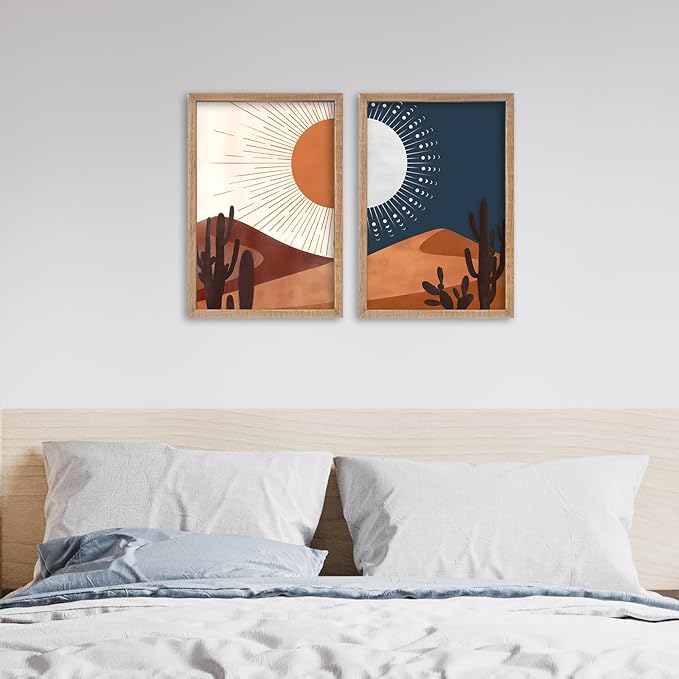 SRSZHIYUE Desert Cactus Landscape Day and Night Wall Art 16x11 Inch 2 Pieces Boho Abstract Wall Decor for Living Room Wooden Framed Hanging (Wood)