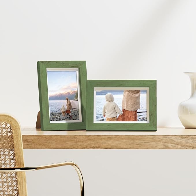 Vittanly 4x6 Picture Frames Set of 9, Display 3.5x5 Pictures with Mat or 4x6 without Mat, Photo Frames for Wall or Tabletop with Plexiglass, Engineered Wood, Rustic Green