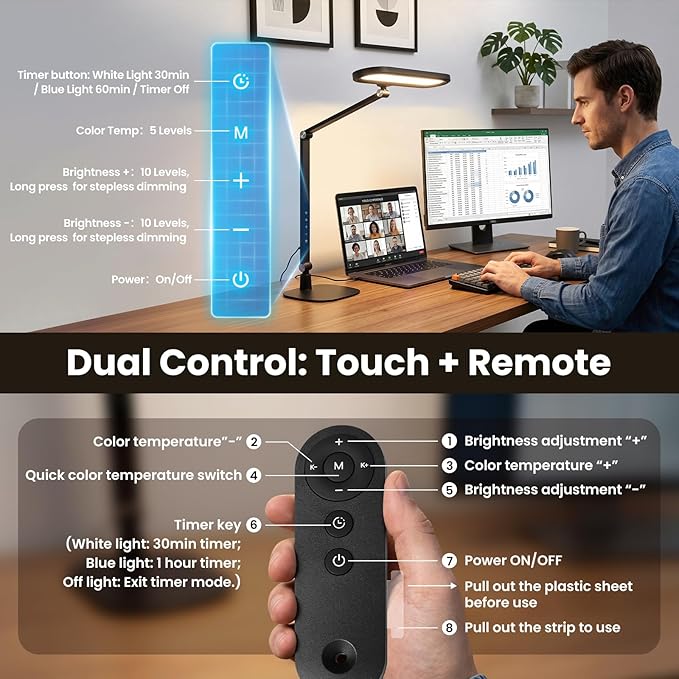 LIONVISON LED Desk Lamp for Home Office: Eye-Caring Clamp & Stand Double Side Desk Light with Remote & Memory - Stepless Dimming & Color Adjustable Table Lamps for Zoom Study Video Conference
