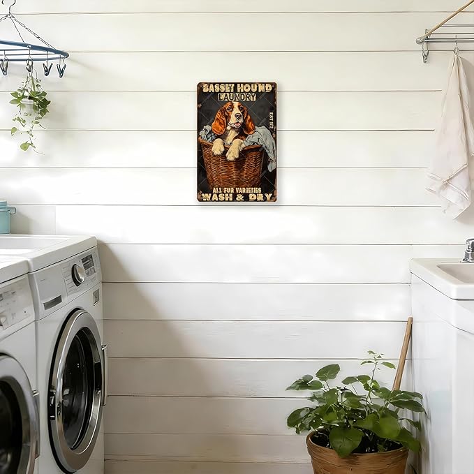 Retro Metal Poster Basset Hound Laundry Wash And Dry Metal Tin Signs Vintage Plaque Wall Decor for Home Laundry room Bathroom 12x8 Inch