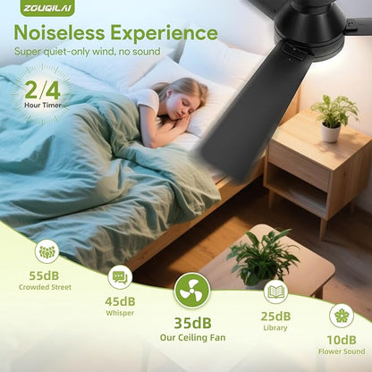 Ceiling Fans with Lights - 42 Inch Low Profile Ceiling Fan with Light and Remote, Reversible DC Motors, 3CCT Dimmable Timer Noiseless, Black Flush Mount Ceiling Fan for Bedroom/Living Room