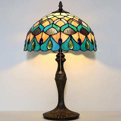 Tiffany Lamp Stained Glass Table Lamp Bedside Reading Lamp 12 x 19” Blue Phoenix Tail Style Decorative Lamp for Desk Study Living Room Bedroom Office Decor Gift
