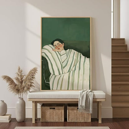 Framed Woman Bedroom Wall Art, Large Cozy Woman Canvas Painting for Room Decor, Relaxing Minimalist Artwork for Walls, Green Picture Print for Nursery Guest Room Hallway Wall Art Decor, 24x36 Inch