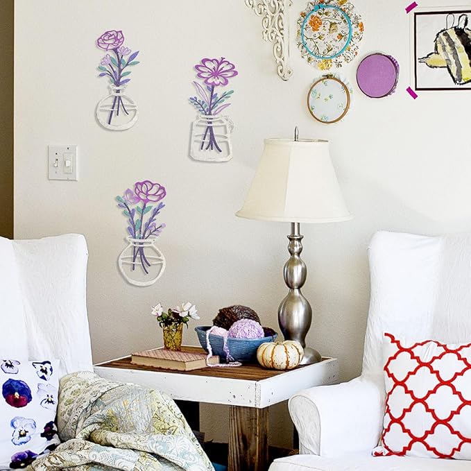 ARTINME 3 Pieces Metal Flowers Wall Arts - Rustic Farmhouse Decor Minimalist Flower Wall Decors for Living Room Bathroom Kitchen Bedroom Dining Room - Housewarming Gifts (Purple)