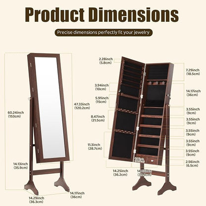 DUMOS Jewelry Armoire Cabinet with Full Length Mirror, 47.3" Jewelry Organizer, Lockable Large Capacity Jewelry Armoire with Drawers, 3 Adjustable Angles, Rustic