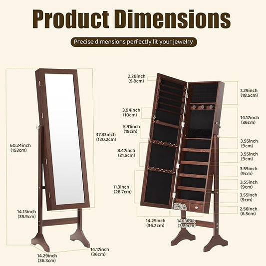 DUMOS Jewelry Armoire Cabinet with Full Length Mirror, 47.3" Jewelry Organizer, Lockable Large Capacity Jewelry Armoire with Drawers, 3 Adjustable Angles, Rustic