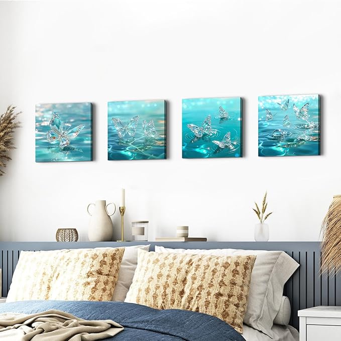 4 Piece Butterfly Wall Art Turquoise Pictures for Bedroom Decor Crystal Butterflies Wall Decor Teal Blue Butterfly Posters Prints Water Scenery Paintings Artwork Living Room Home Decorations 12x12”