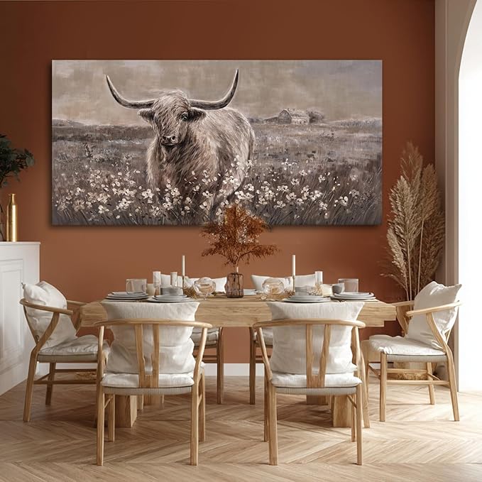 Neutral Beige and Brown Highland Cow Canvas Wall Art - 29x58 Inch Large Framed Painting for Modern Living Room, Rustic Bedroom, Farmhouse Office, Vintage Home Decor