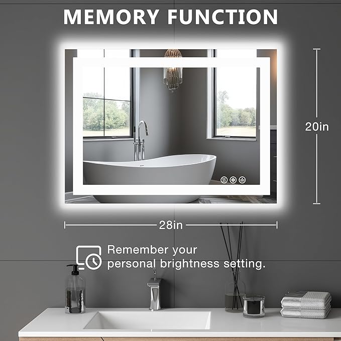 DUMOS 20.1"x28.1" LED Bathroom Mirror, Smart Anti-Fog Bathroom Vanity Mirror with Front Light & Backlit, 3 Color Temperatures, Dimmable, Memory Function