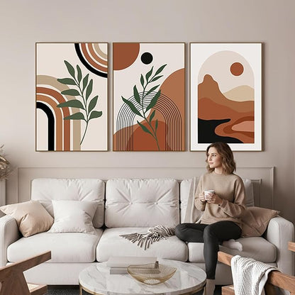 SAFERRYHOME Boho Abstract Wall Art, Mid Century Bohemian Wall Decor Framed Canvas Set of 3, Modern Minimalist Artwork Botanical Painting Prints Pictures for Living Room Bedroom Bathroom, 16x24 inch