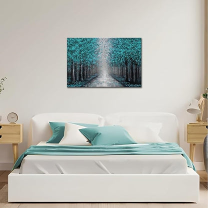 NutArtPic Forest Path Wall Art Teal Grey Canvas Forest Tree Artwork Paintings Wall Decor Fantasy Tree Picture Prints Wall Decoration 24''x36''