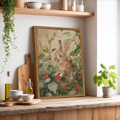 Framed Vintage Rabbit Wall Art, Cute Bunny Pictures Wall Decor, 3D Textured Sandstone Rustic Animal Botanical Paintings Prints Cottagecore Home Decor for Living Room Bedroom Nursery 12x16 inch