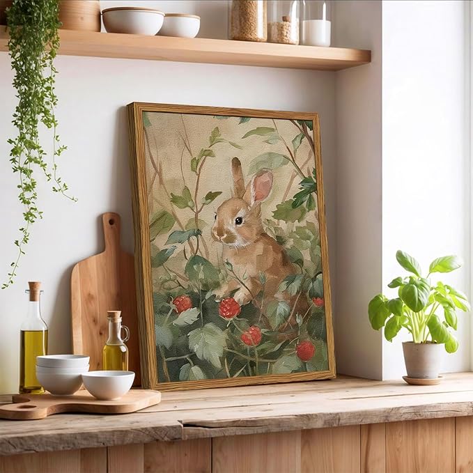 Framed Vintage Rabbit Wall Art, Cute Bunny Pictures Wall Decor, 3D Textured Sandstone Rustic Animal Botanical Paintings Prints Cottagecore Home Decor for Living Room Bedroom Nursery 16x24 inch