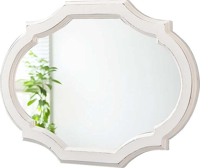 Vintage Oval Mirrors for Wall Decor Living Room 24 X 18 Inch, Hanging Decorative Scalloped White Mirrors, Distressed Wood Frame Unique Mirror for Entryway Bathroom, Horizontally or Vertically