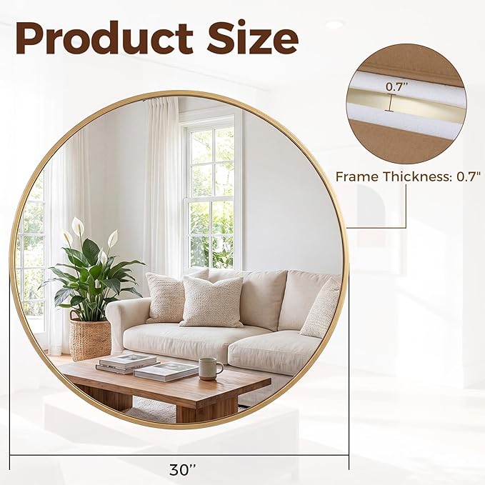 NEWBULIG 30 Inch Round Wall Mirror, Bathroom Mirror for Over Sink, Matte Metal Framed Circle Vanity Mirror, Wall Decor for Bedroom, Anti-Rust, Tempered Glass, Hanging or Leaning, Classic Gold