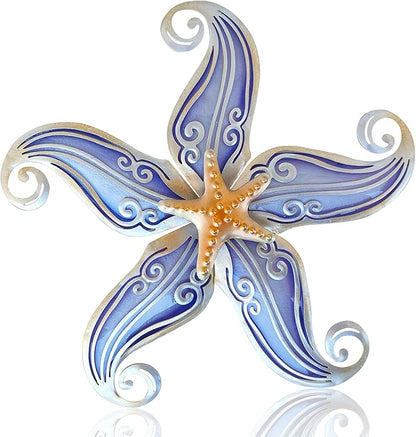 POXOHO Starfish Outdoor Wall Decor, 12" Hanging Metal & Glass Sculpture, Starfish Coastal Wall Hanging Decor for Garden Living Room Balcony(Purple)