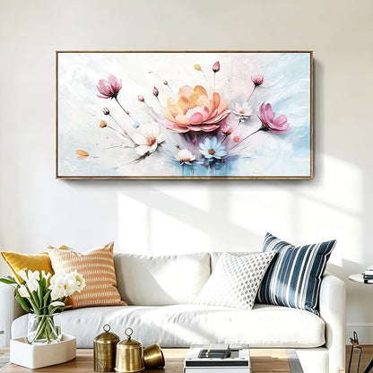 Large Framed Modern Canvas Wall Art, Abstract Natural Plant Print, Pink, Orange And Blue Textured Floral Artwork, Natural Wood Frame, Plant-Themed Wall Decoration, Suitable For Living Room, Bedroom, Dining Room, Study, Office, 48X24 Inches.