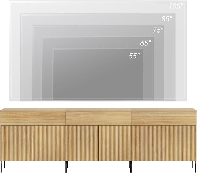 WAMPAT Fluted TV Stand TVs up to 100 inch, 94.5" W Modern TV Entertainment Center with Storage Cabinets and 3 Drawers & 6 Doors, Wood Media TV Console Table with Storage for Living Room, Oak